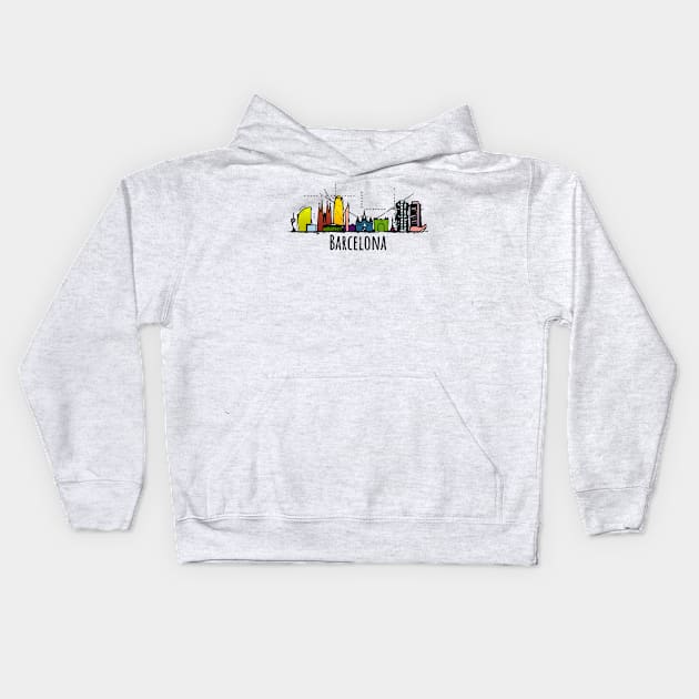 Barcelona Spain Skyline City Cartoon Colorfulfashion, city, elegant, Downtown, art apparel, trend, Street wear, hometown Kids Hoodie by DimDom